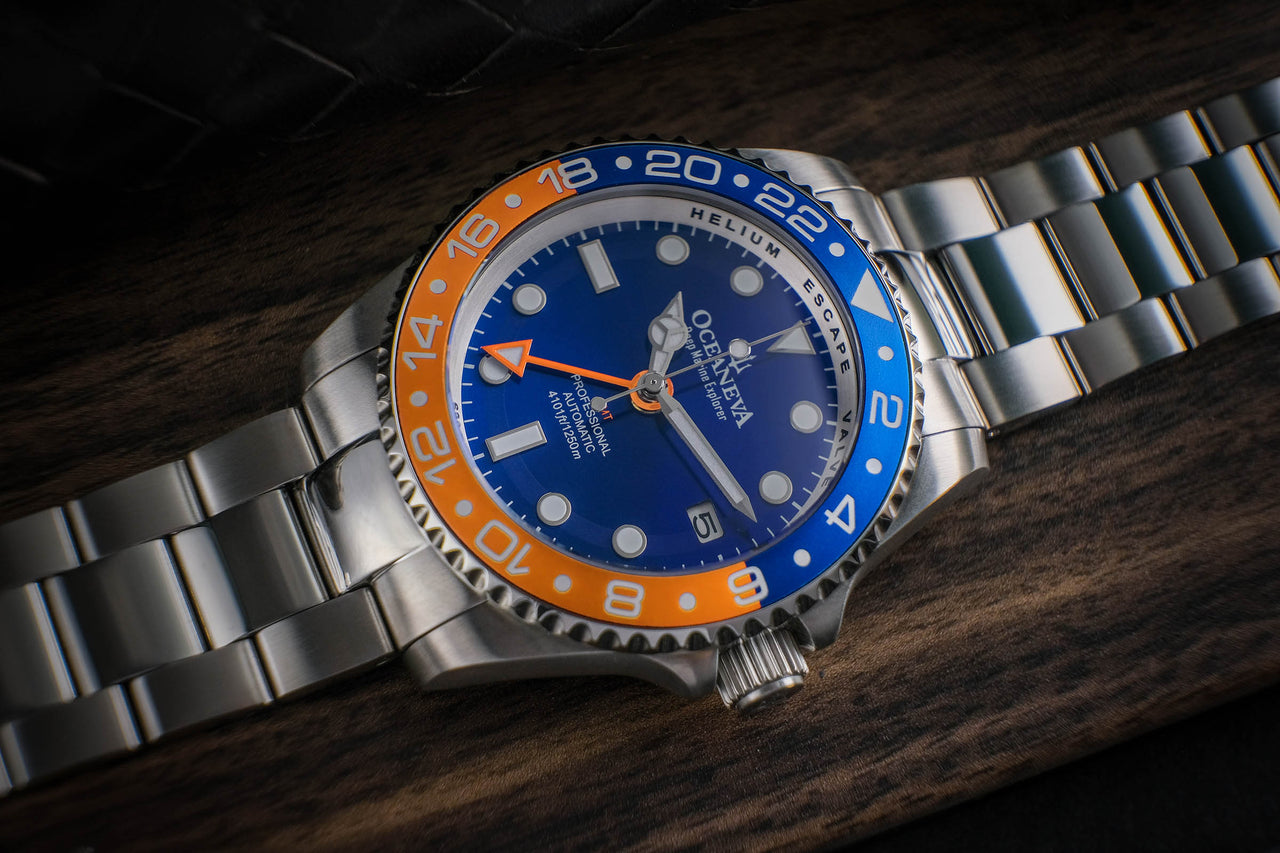 Oceaneva™ Men's GMT Automatic Deep Marine Explorer 1250M Pro Diver Orange Bezel Blue Dial Watch