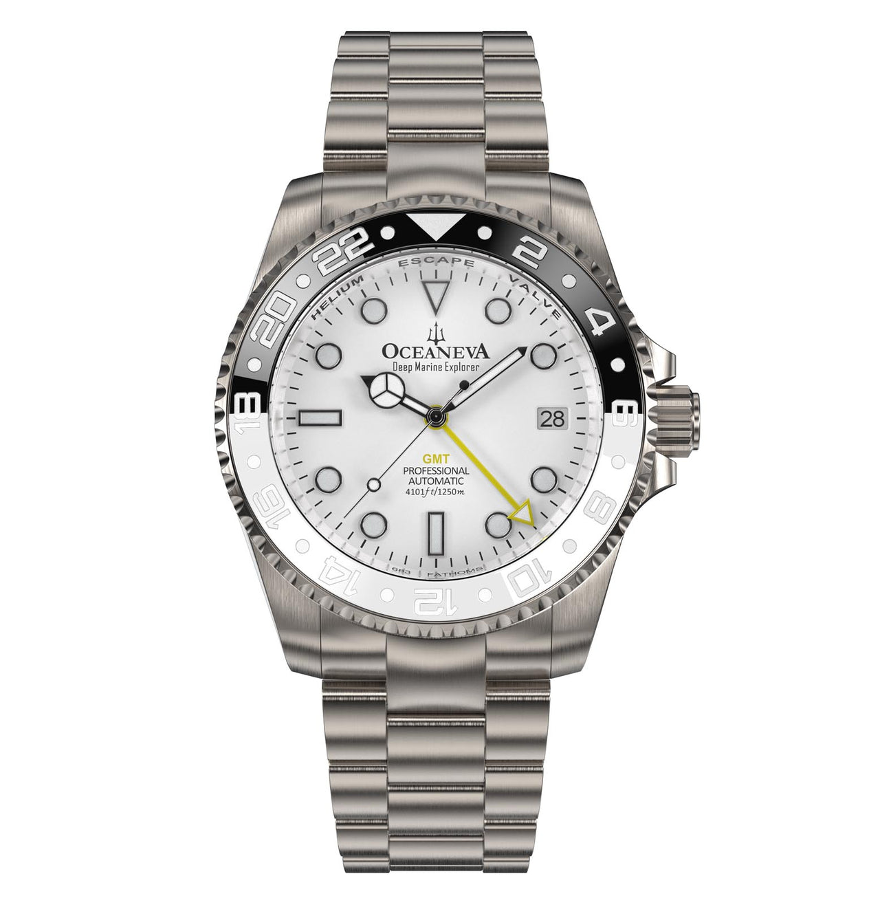 Close-up of Oceaneva Titanium Watch with white and black ceramic bezel
