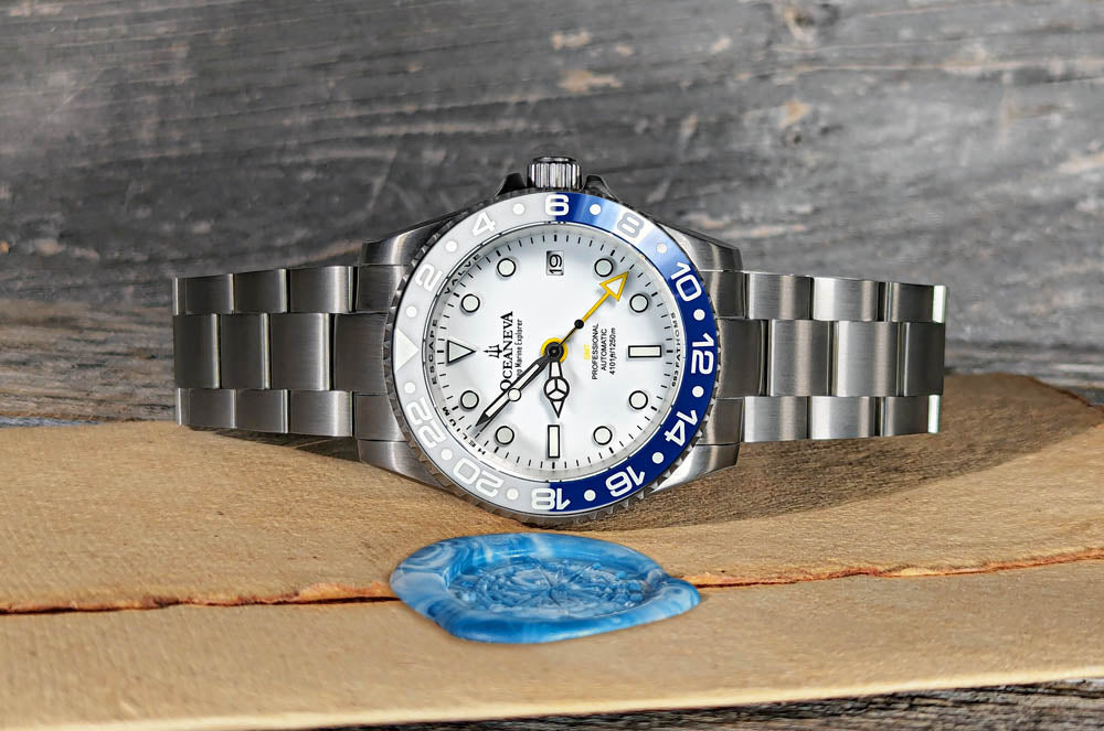 Elegant Oceaneva Titanium GMT Watch with blue and white ceramic bezel