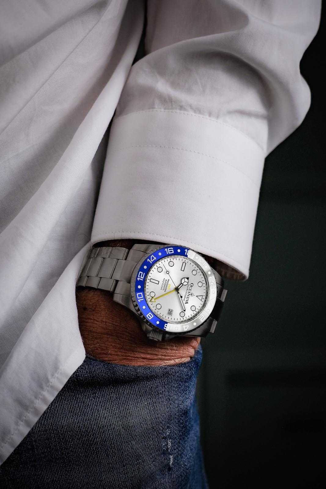 Elegant profile of Oceaneva Titanium GMT Watch on wrist