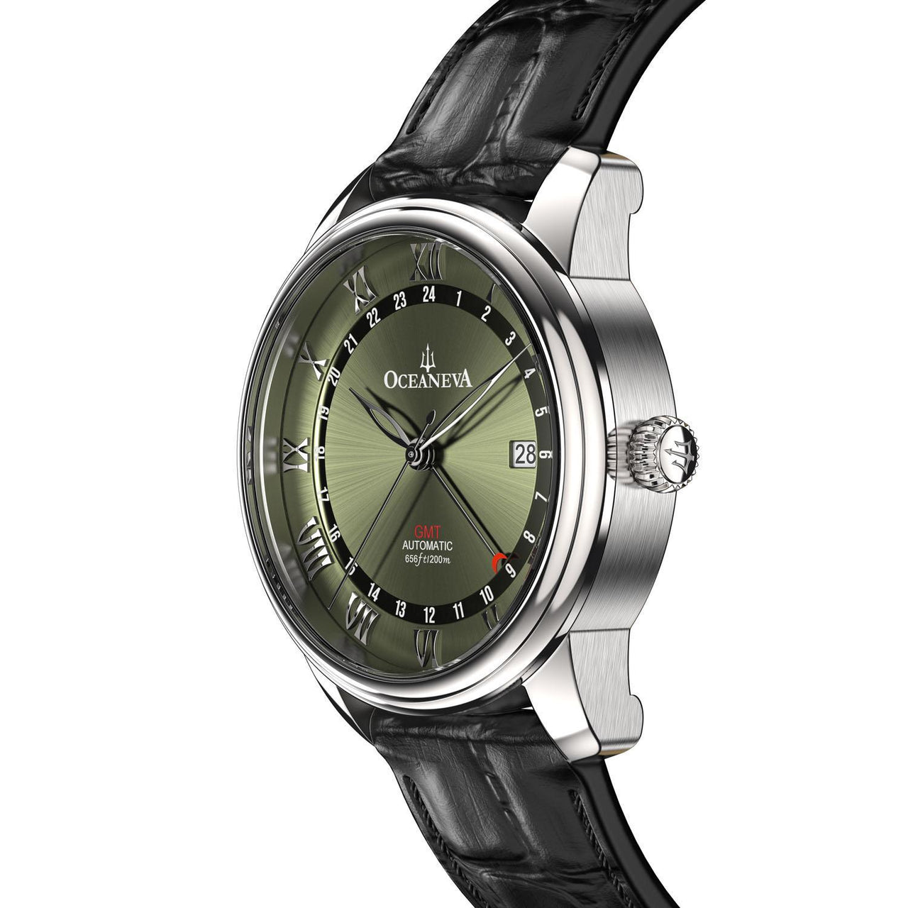 Oceaneva Men's OceanTrek GMT Automatic 200m Leather Olive Drab Watch - OTOD200M34NH-black strap automatic GMT watch, Automatic watches, Diver GMT, GMT Dive Watch