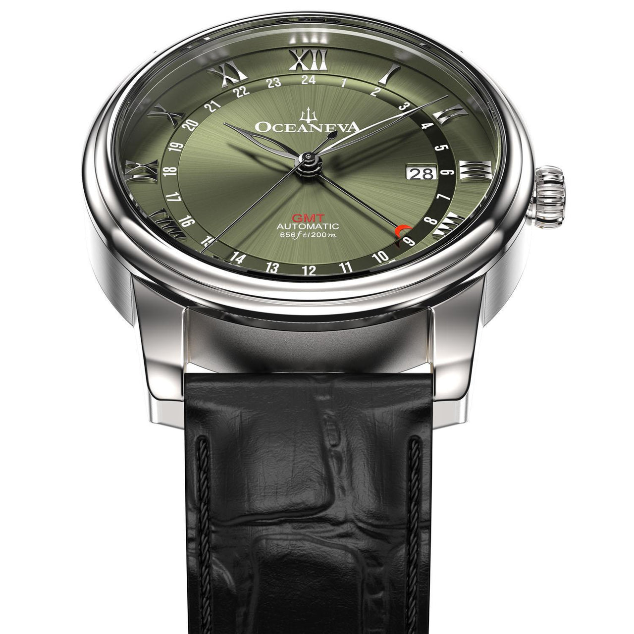 Oceaneva Men's OceanTrek GMT Automatic 200m Leather Olive Drab Watch - OTOD200M34NH-black strap automatic GMT watch, Automatic watches, Diver GMT, GMT Dive Watch