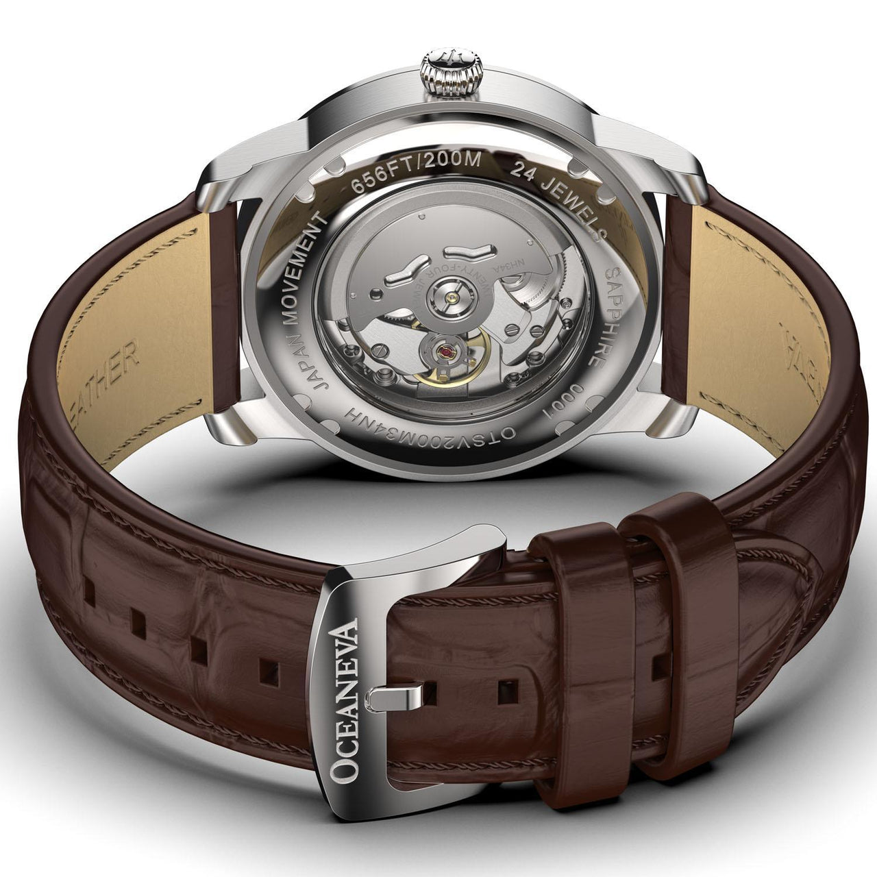 Oceaneva Men's OceanTrek GMT Automatic 200m Leather Silver Watch - OTSV200M34NH-Brown strap automatic GMT watch, Automatic watches, Diver GMT, GMT Dive Watch