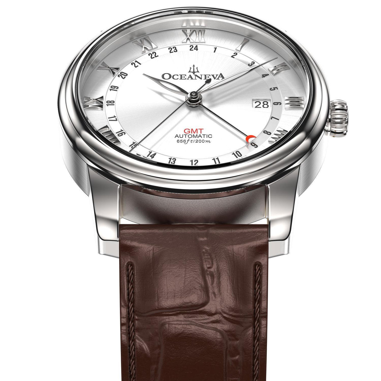 Oceaneva Men's OceanTrek GMT Automatic 200m Leather Silver Watch - OTSV200M34NH-Brown strap automatic GMT watch, Automatic watches, Diver GMT, GMT Dive Watch