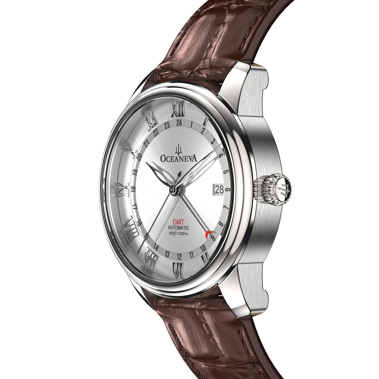Oceaneva Men's OceanTrek GMT Automatic 200m Leather Silver Watch - OTSV200M34NH-Brown strap automatic GMT watch, Automatic watches, Diver GMT, GMT Dive Watch