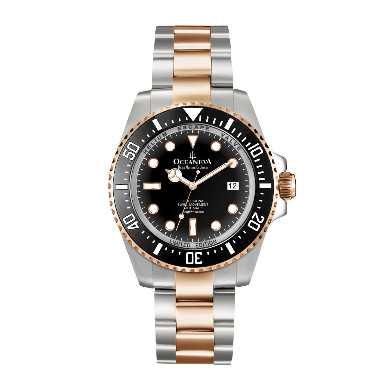 Oceaneva™ Men's Deep Marine Explorer 1000M Pro Diver Watch Black and Rose Gold - main
