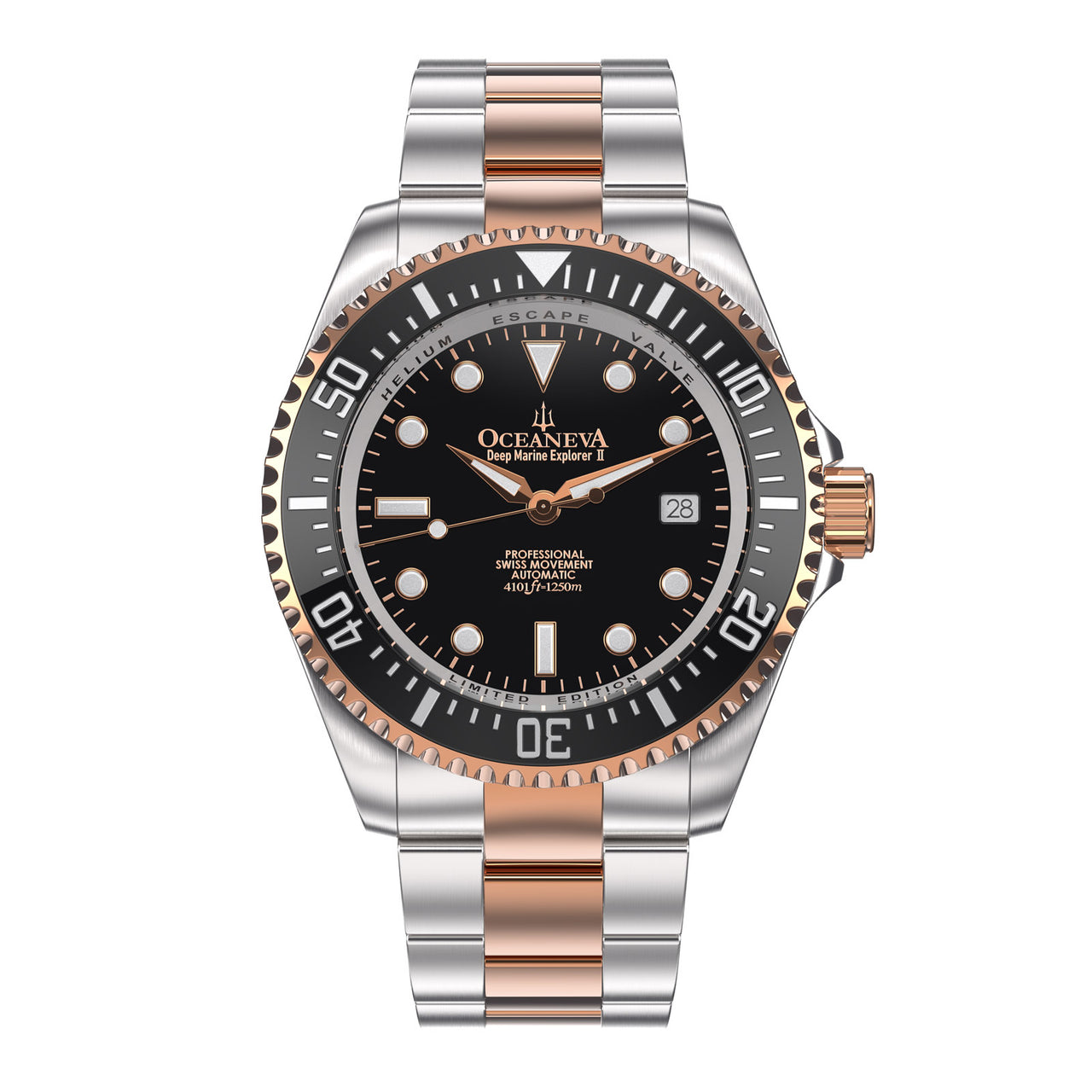Oceaneva™ Men's Deep Marine Explorer II 1250M Pro Diver Watch Black Rose Gold