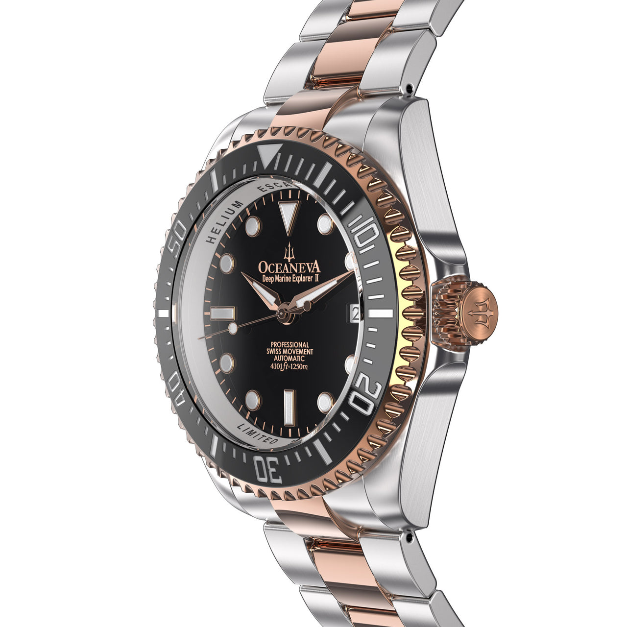 Oceaneva 1250M Dive Watch Black And Rose Gold Side View Crown