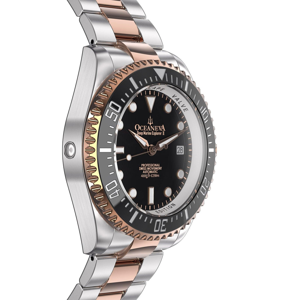 Oceaneva 1250M Dive Watch Black And Rose Gold Side Helium Escape Valve View