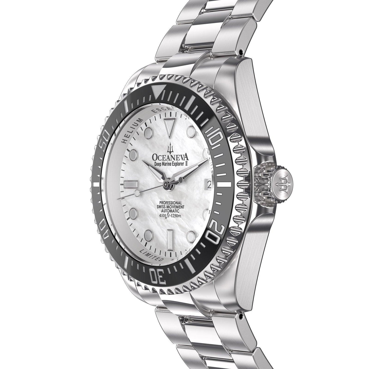 Oceaneva 1250M Dive Watch White Mother Of Pearl Side View Crown