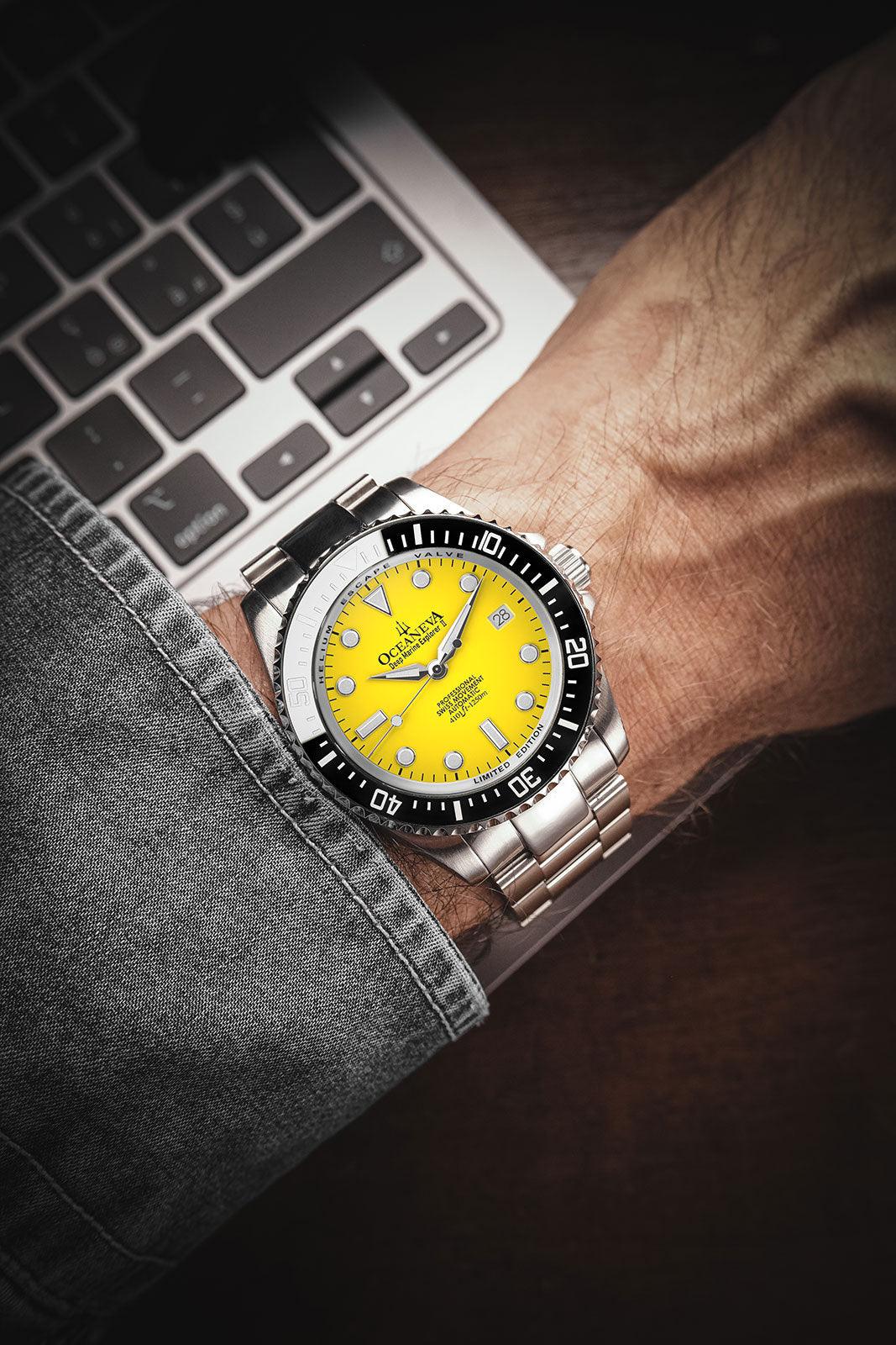 Oceaneva 1250M Dive Watch Yellow On Wrist Denim Sleeve