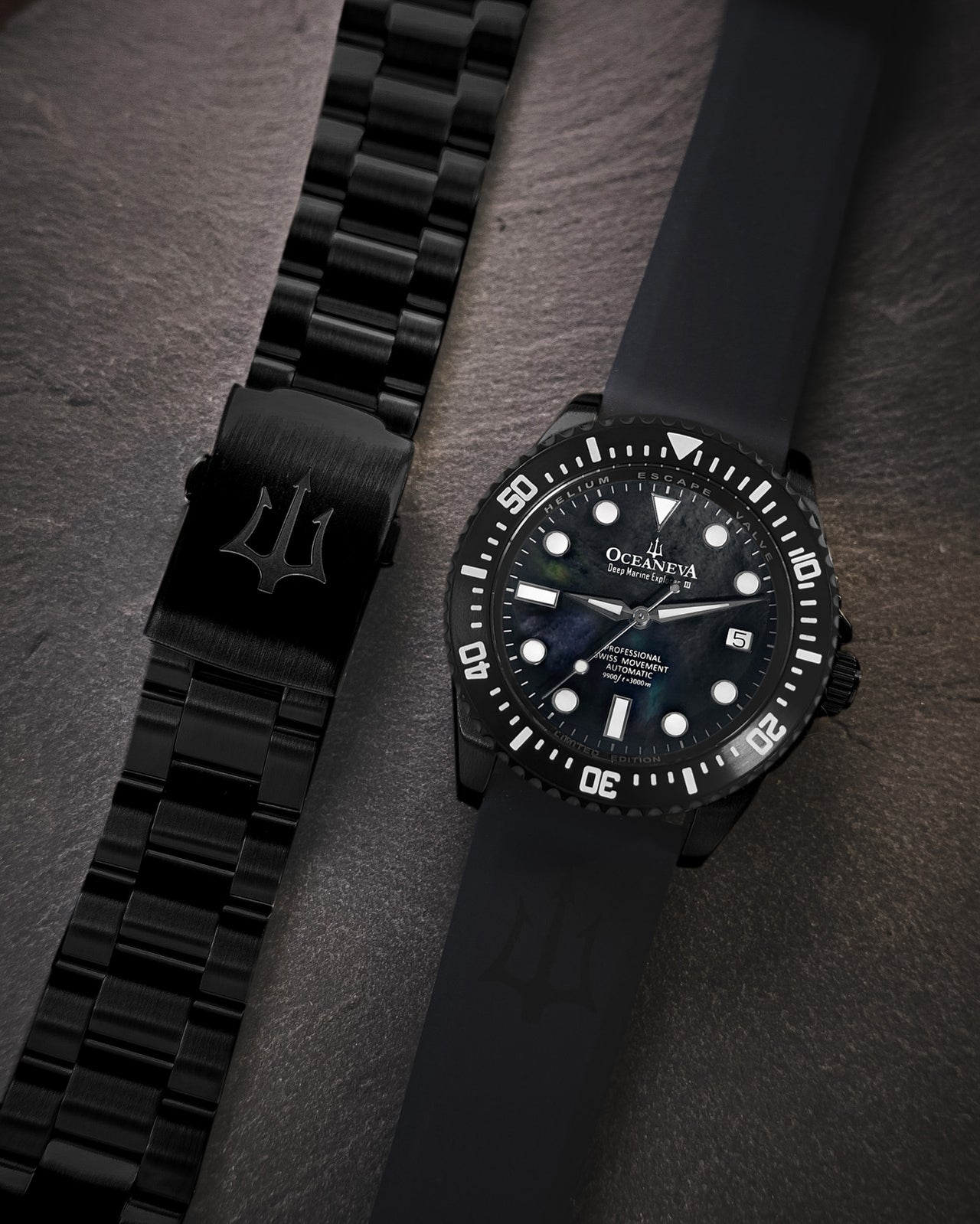 Oceaneva 3000M Dive Watch Black Mother of Pearl Front Pictured With Rubber Strap