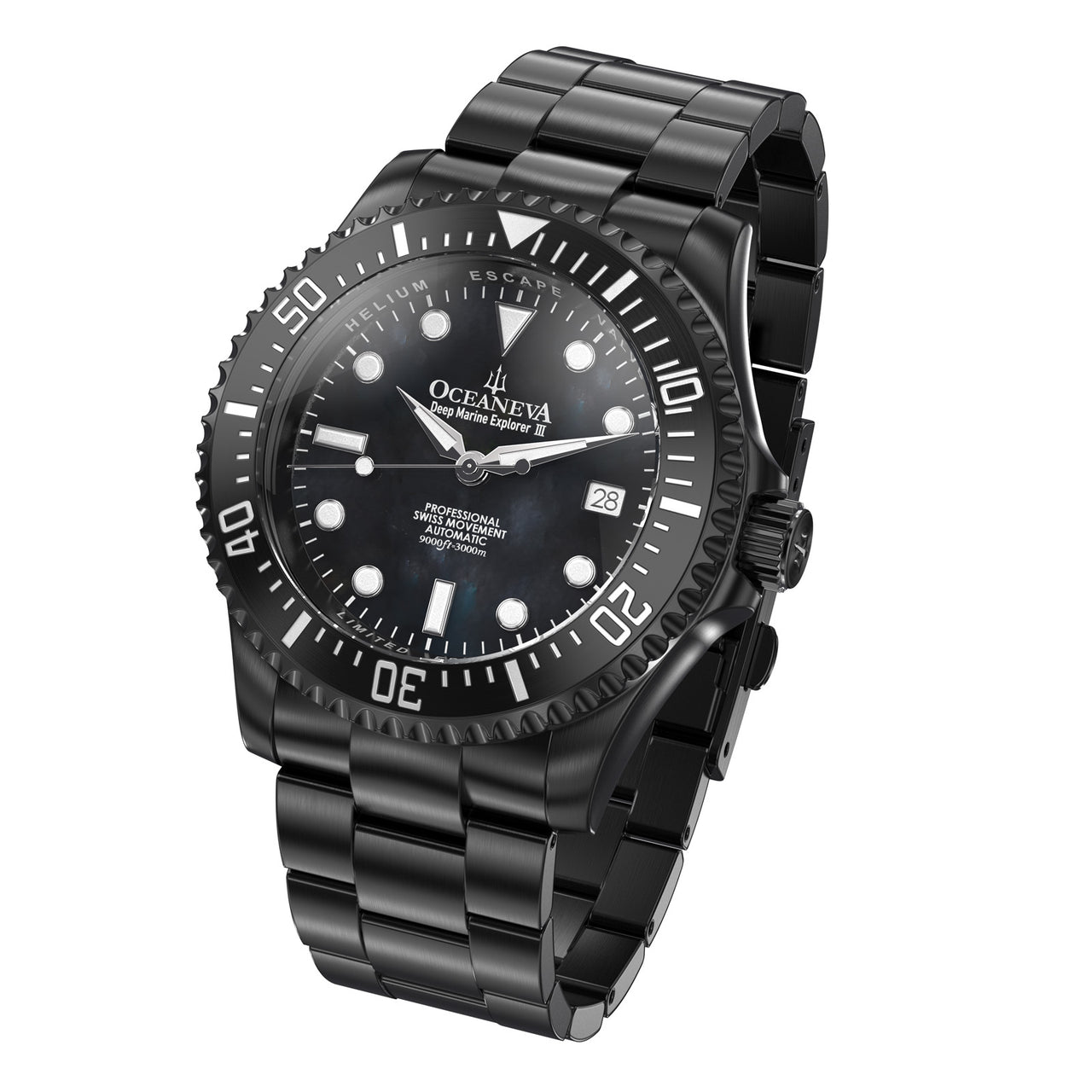 Oceaneva 3000M Dive Watch Black Mother of Pearl Front Picture Slight Left Slant View