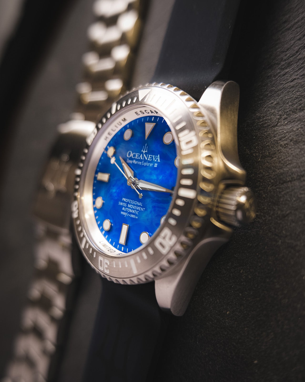 Oceaneva 3000M Dive Watch Blue Mother of Pearl Side View With Rubber Strap