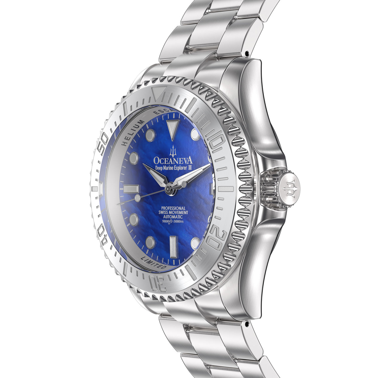 Oceaneva 3000M Dive Watch Blue Mother of Pearl Side View Crown