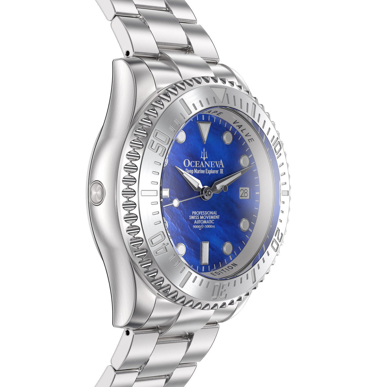 Oceaneva 3000M Dive Watch Blue Mother of Pearl Side Helium Escape Valve View