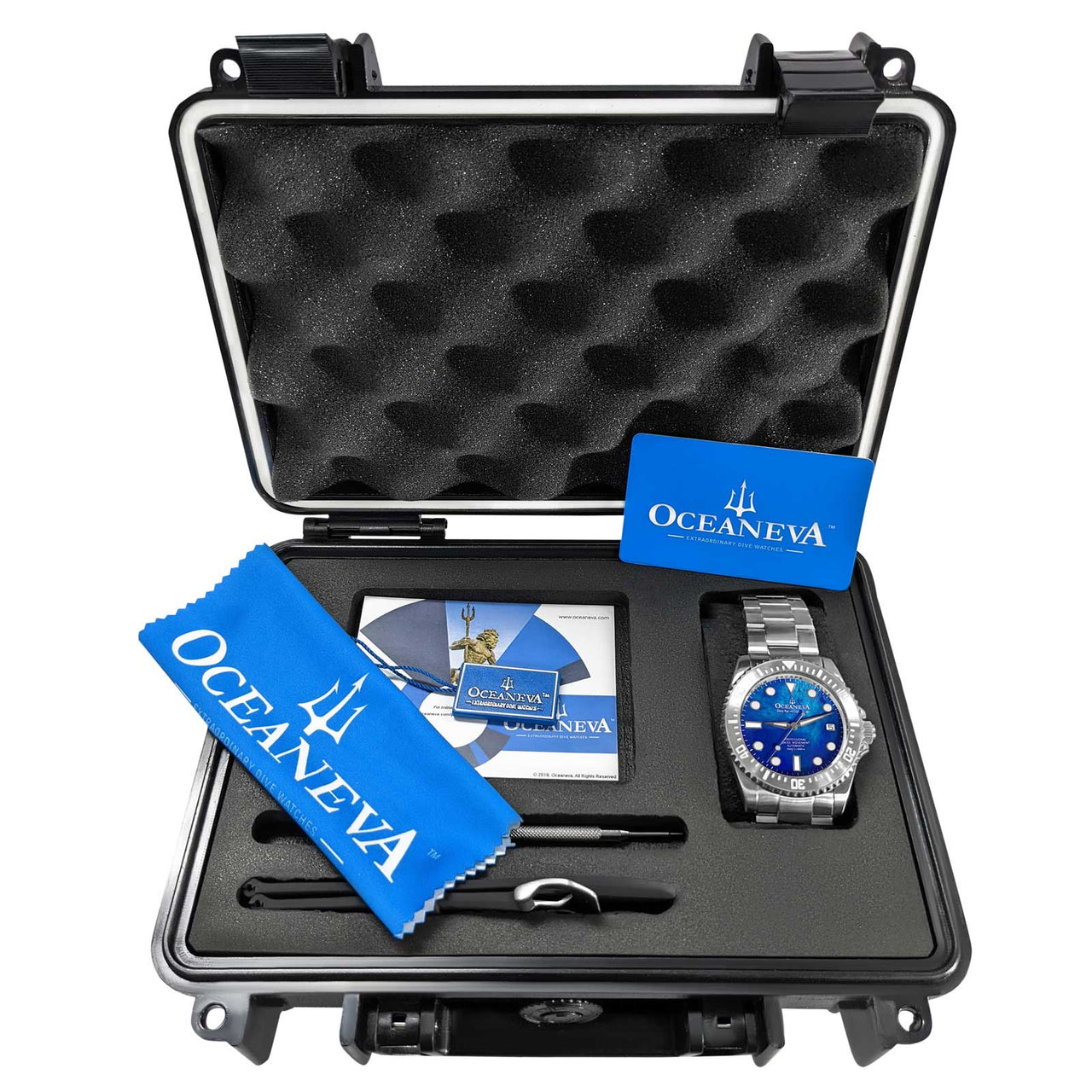 Oceaneva Men's Deep Marine Explorer III 3000M Pro Diver Watch Blue Mother Of Pearl Dial With Packaging