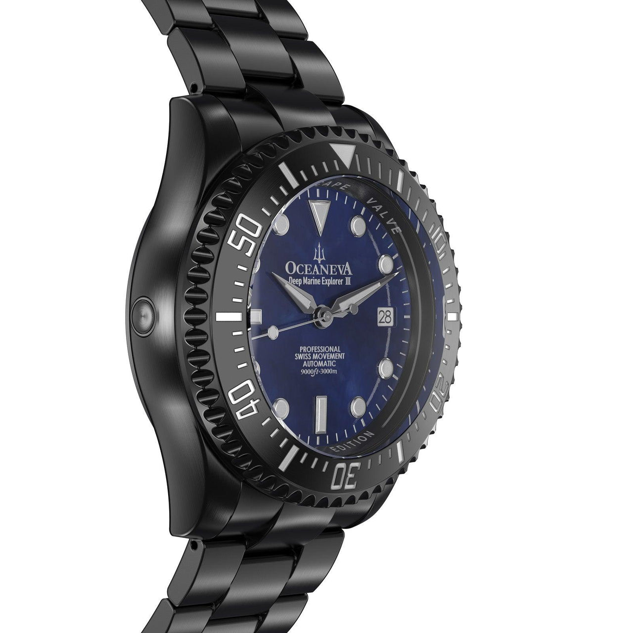 Oceaneva 3000M Dive Watch Navy Blue Mother of Pearl Side Helium Escape Valve View