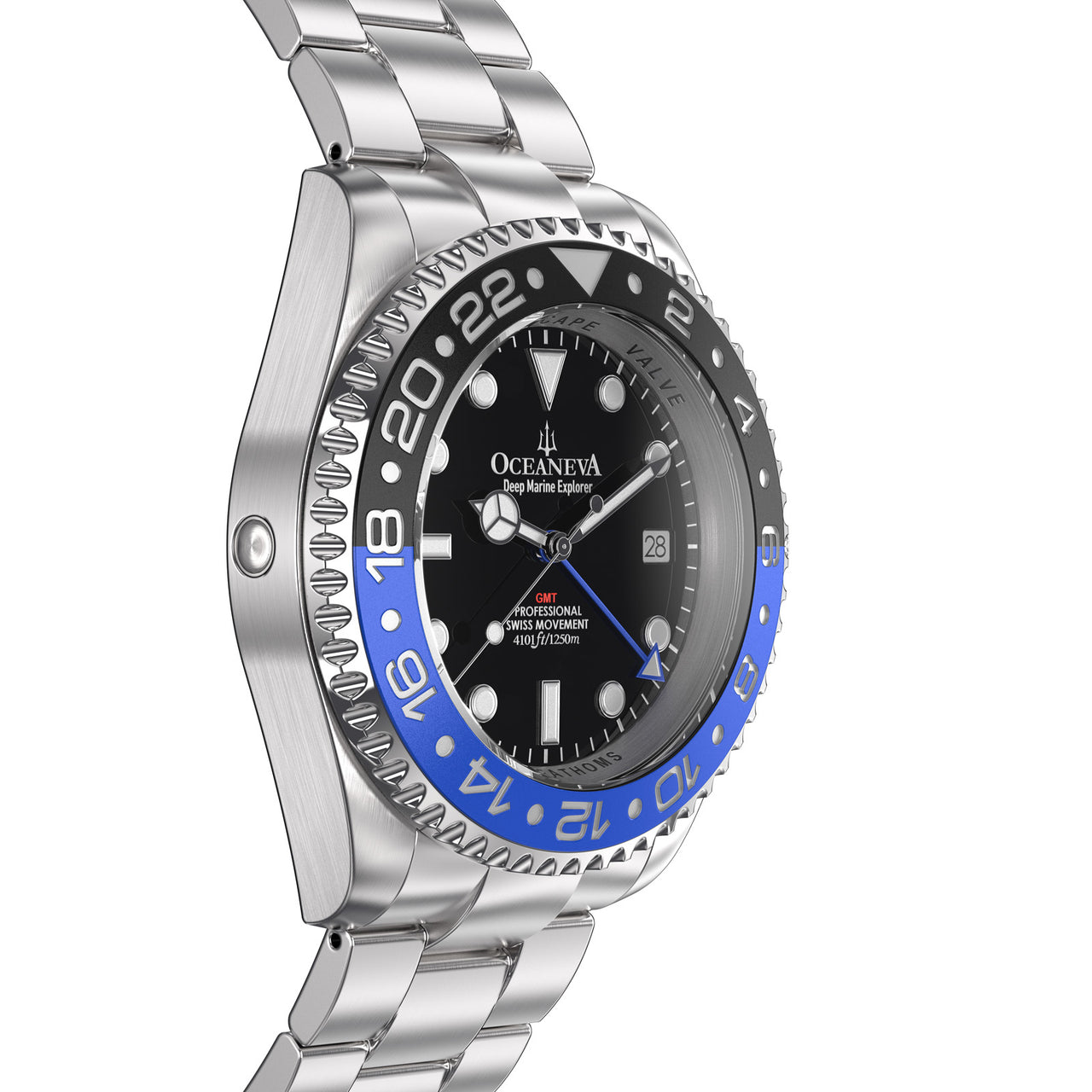 Oceaneva 1250M GMT Dive Watch Blue And Black Side Helium Escape Valve View