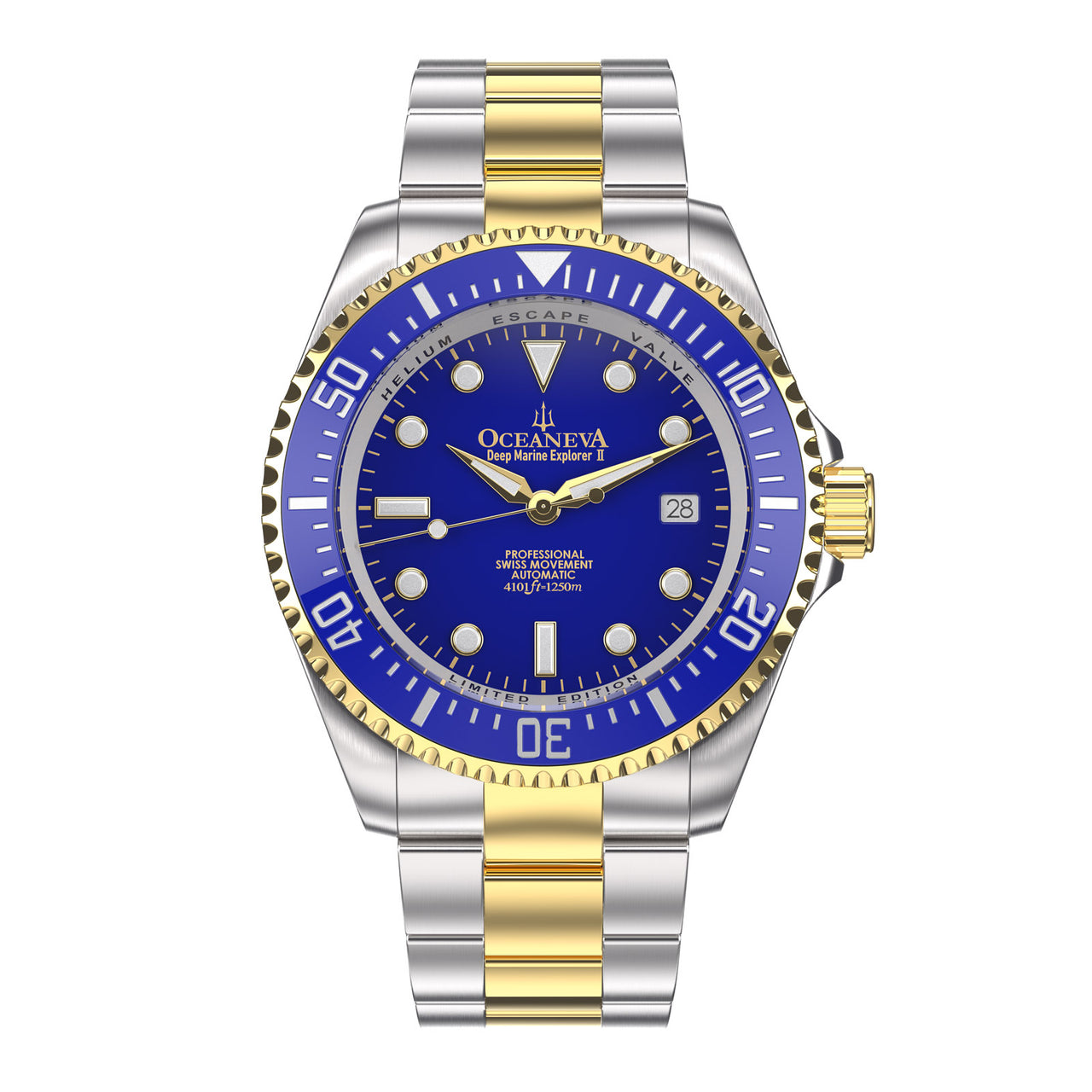 Oceaneva™ Men's Deep Marine Explorer II 1250M Pro Diver Watch Blue Yellow Gold