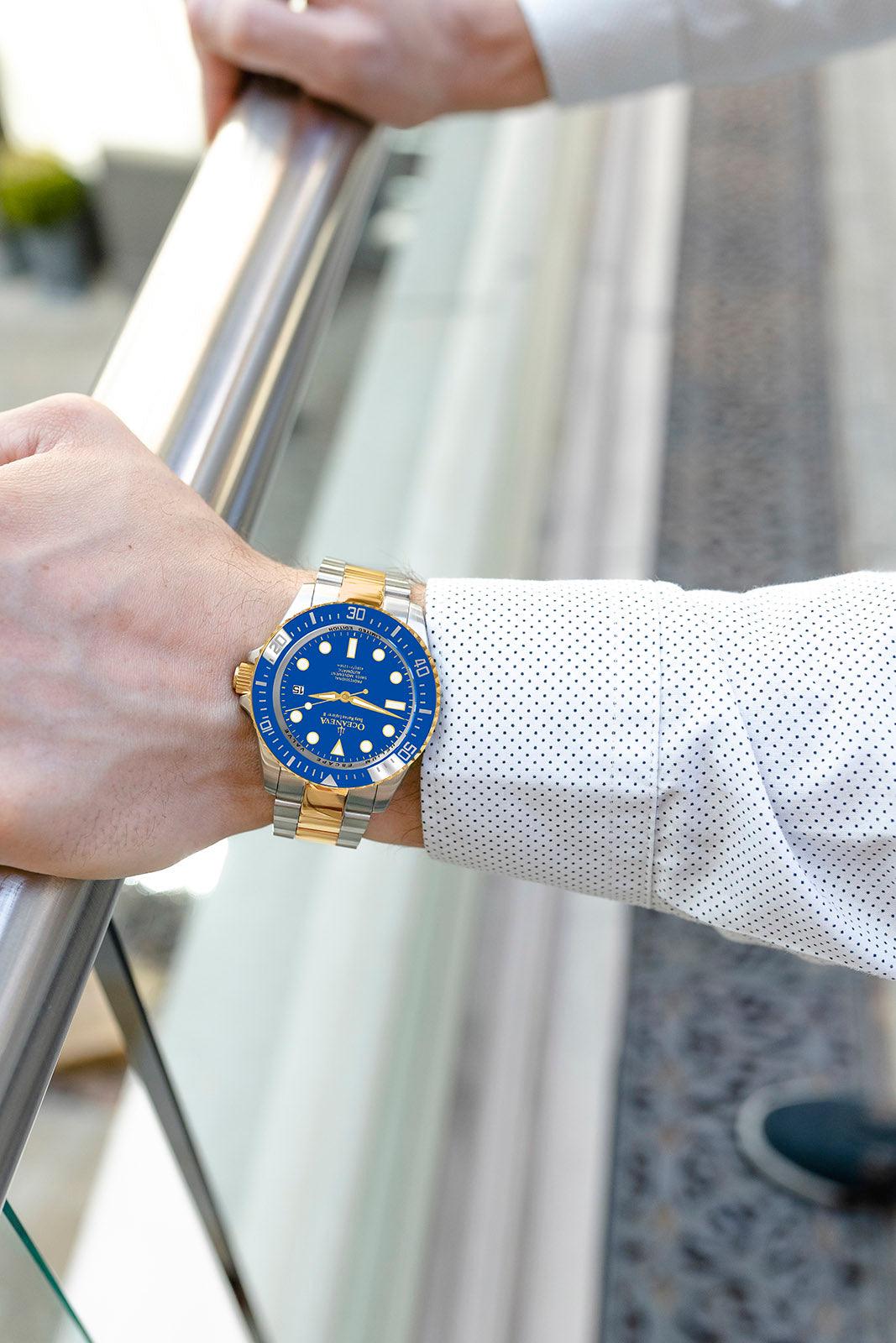 Oceaneva 1250M Dive Watch Blue and Gold On Wrist