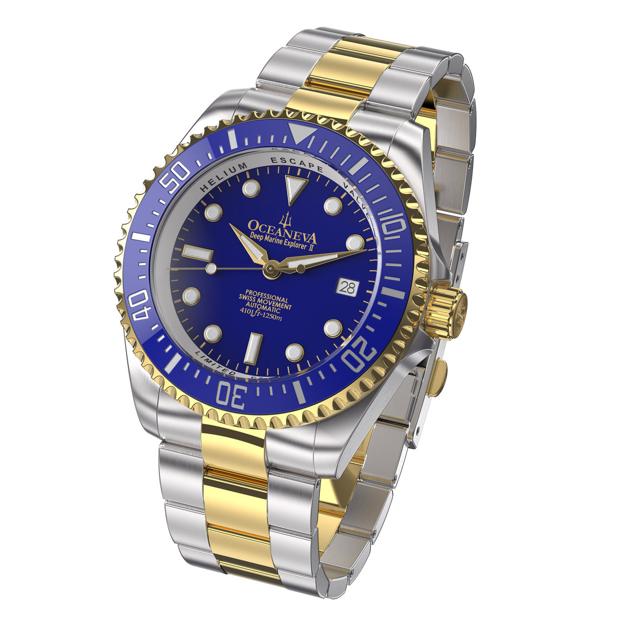 Oceaneva 1250M Dive Watch Blue and Gold Front Picture Slight Left Slant View