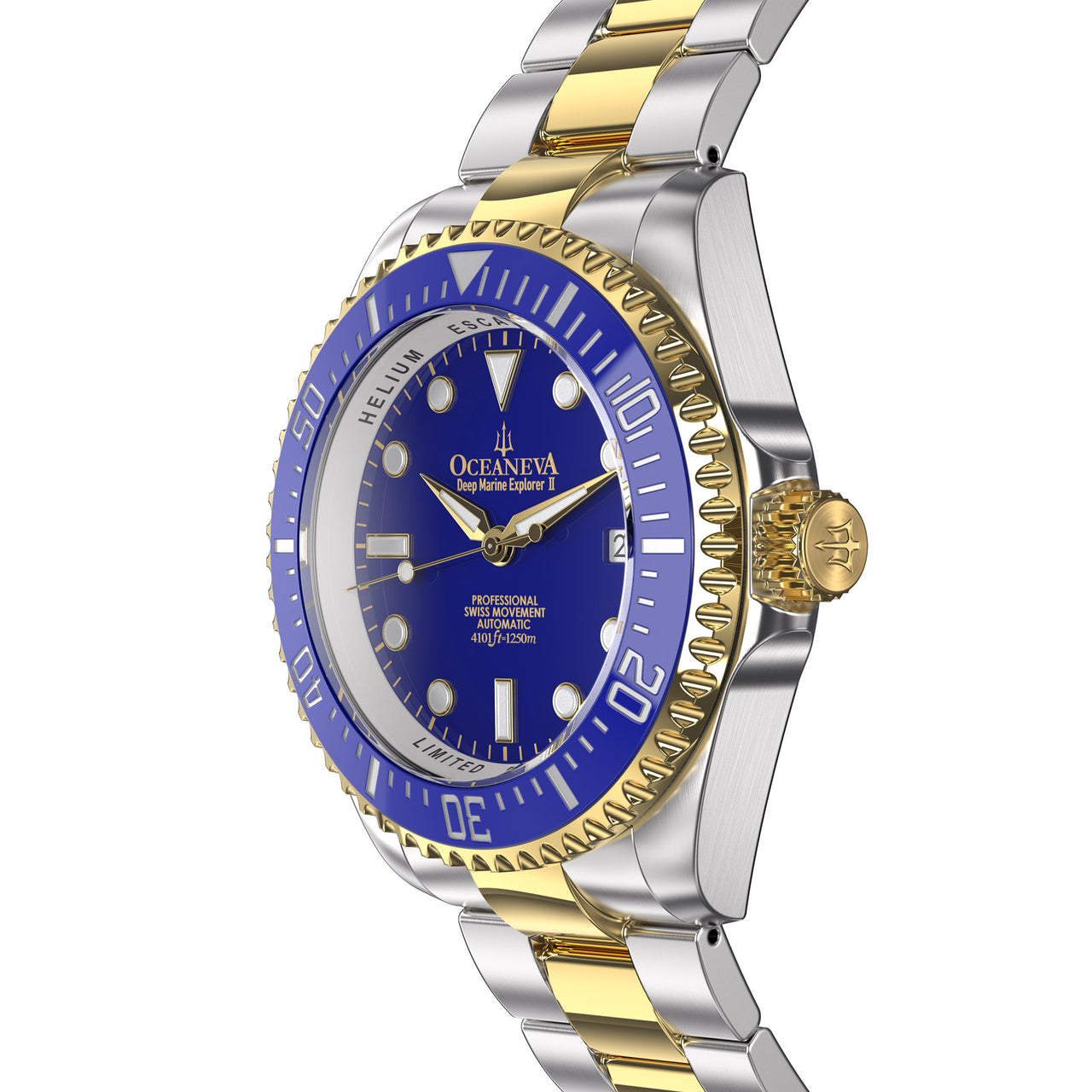 Oceaneva 1250M Dive Watch Blue and Gold Side View Crown