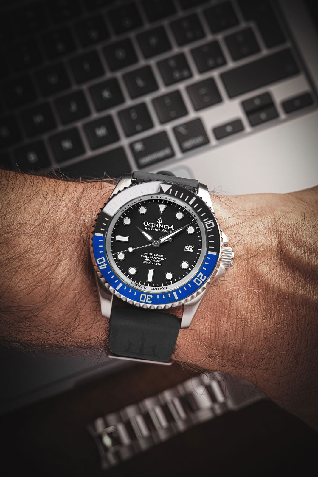 Oceaneva 1250M Dive Watch Blue and Black On Wrist Rubber Strap
