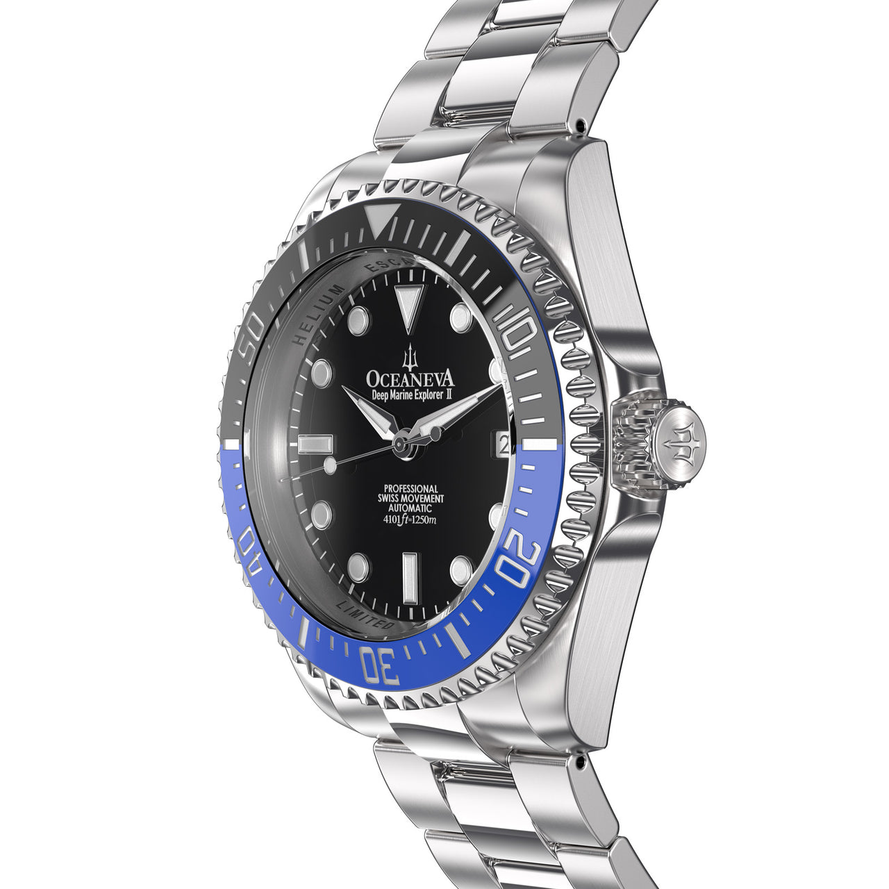 Oceaneva 1250M Dive Watch Blue and Black Side View Crown