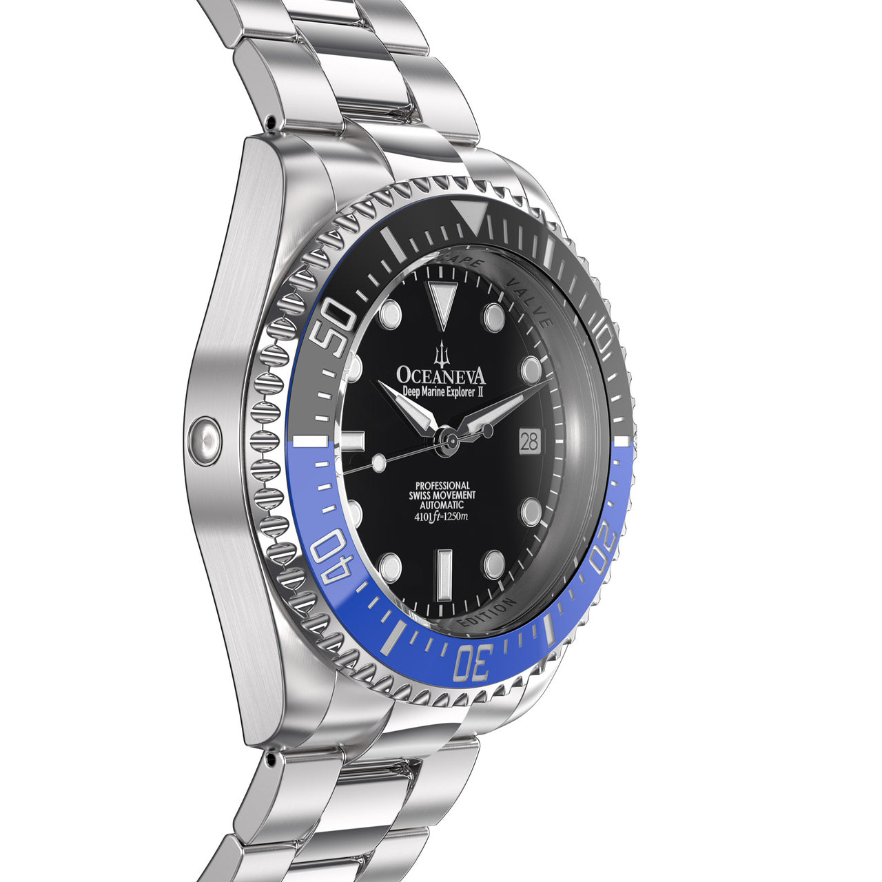 Oceaneva 1250M Dive Watch Blue and Black Side Helium Escape Valve View