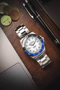 Thumbnail for Oceaneva 1250M Dive Watch Blue/Black Bezel White Dial On Bracelet Wooden Table