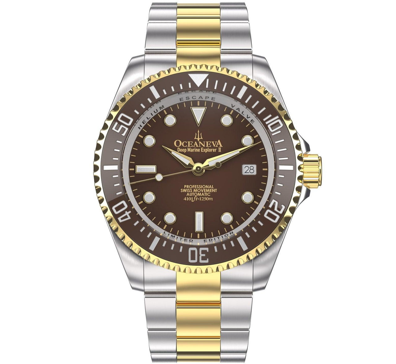 Oceaneva™ Men's Deep Marine Explorer II 1250M Pro Diver Watch Brown Yellow Gold