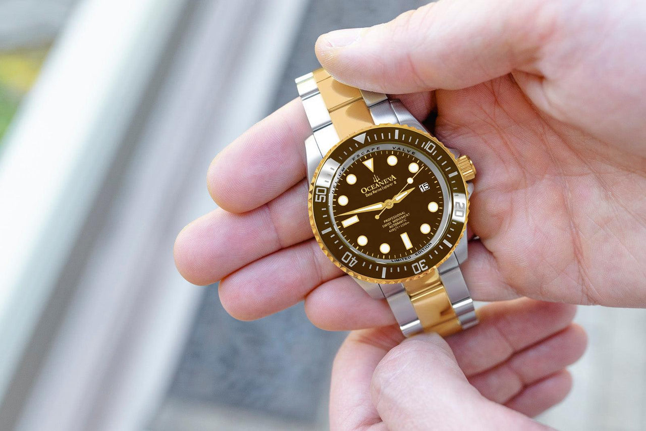 Oceaneva 1250M Dive Watch Brown And Gold In Hands