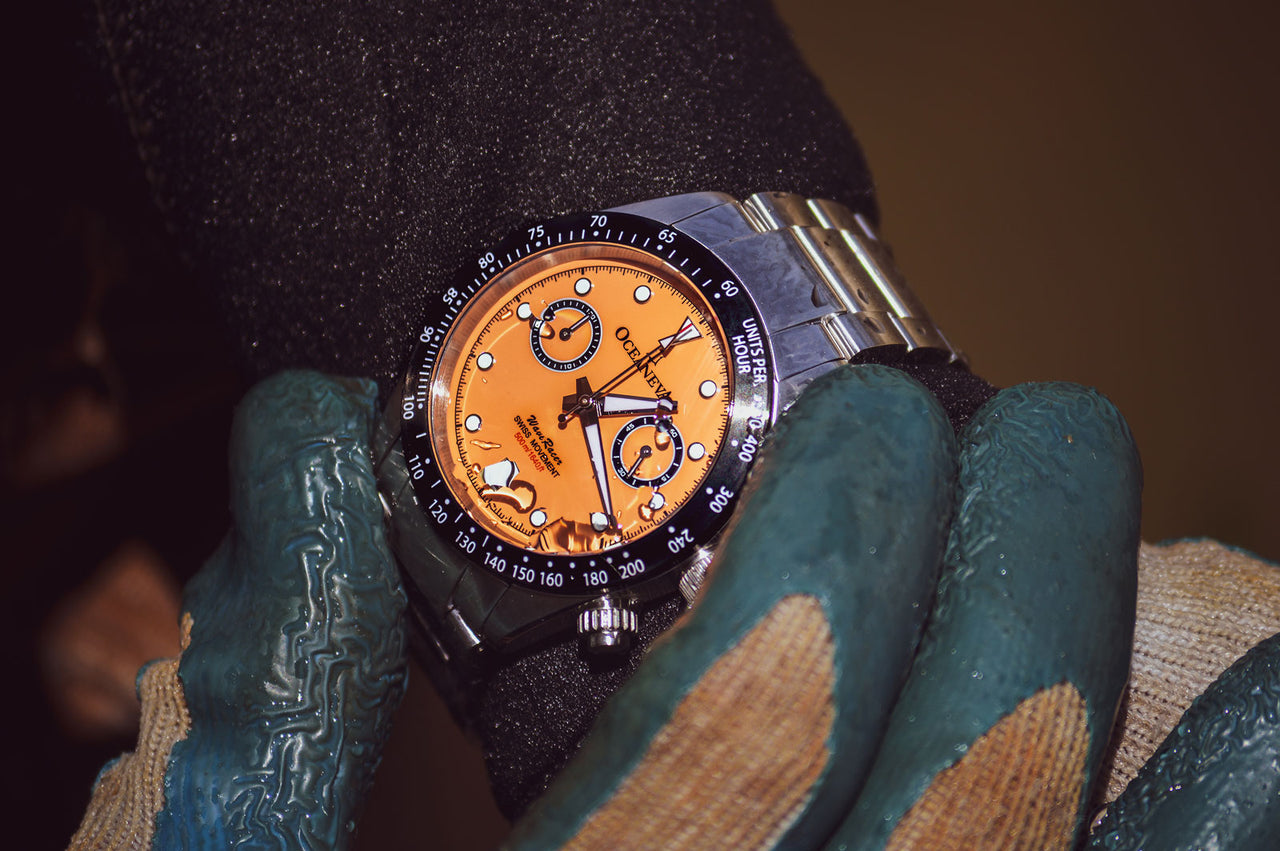 Oceaneva Salmon Chronograph Watch On Wrist Scuba