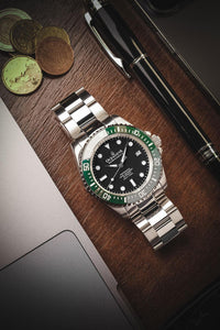 Thumbnail for Oceaneva 1250M Dive Watch Green Bezel Black Dial On Bracelet Wooden Table
