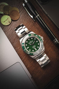 Thumbnail for Oceaneva 1250M Dive Watch Green On Bracelet Wooden Table