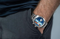Thumbnail for Oceaneva Blue Striped Chronograph Watch On Wrist Standing