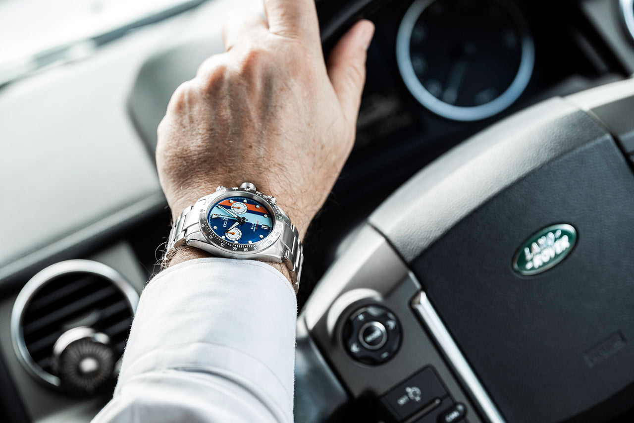 Oceaneva Blue Striped Chronograph Watch On Wrist Driving