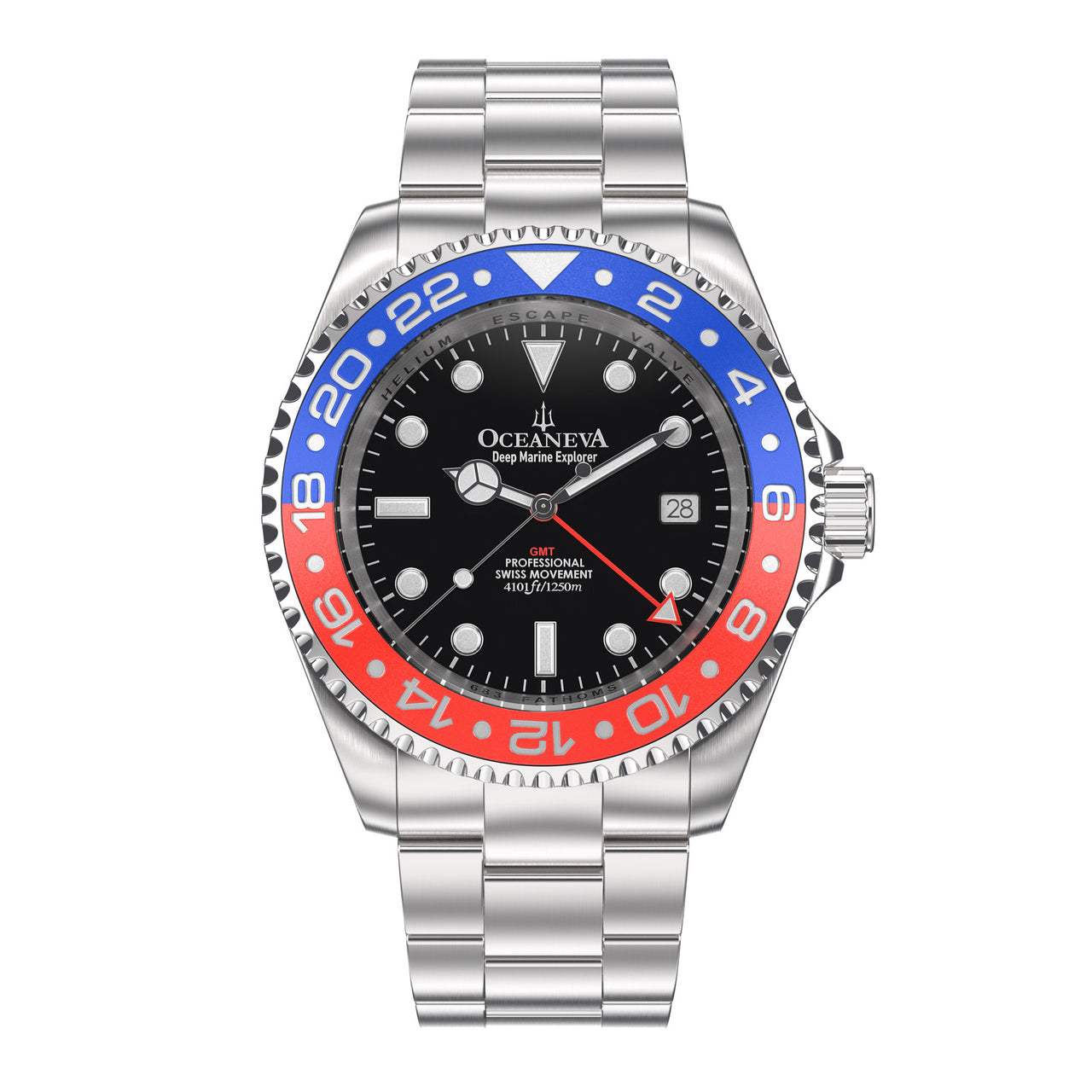 Oceaneva™ Men's GMT Deep Marine Explorer 1250M Pro Diver Watch Blue and Red