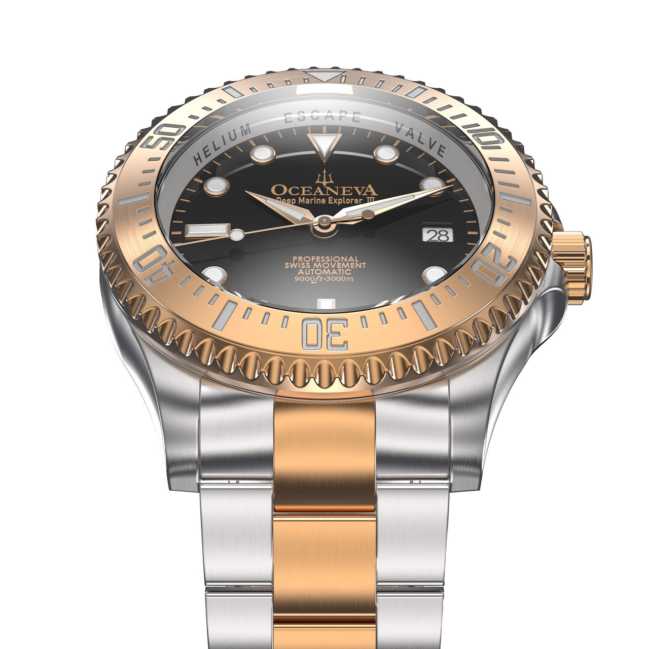 Oceaneva 3000M Dive Watch Black and Rose Gold Frontal View Picture