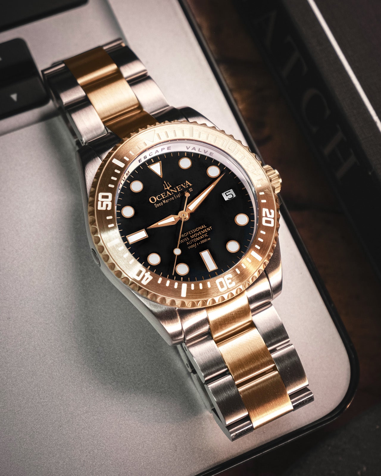 Oceaneva 3000M Dive Watch Black and Rose Gold On Bracelet