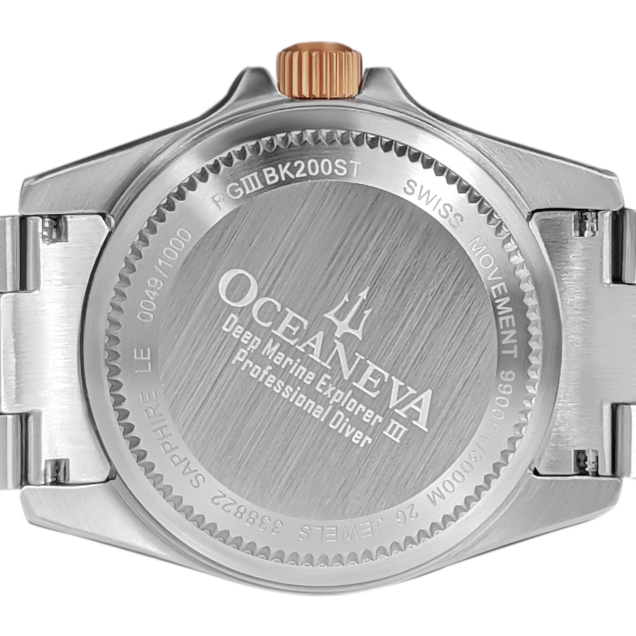 Oceaneva 3000M Dive Watch Black and Rose Gold Caseback Close Up