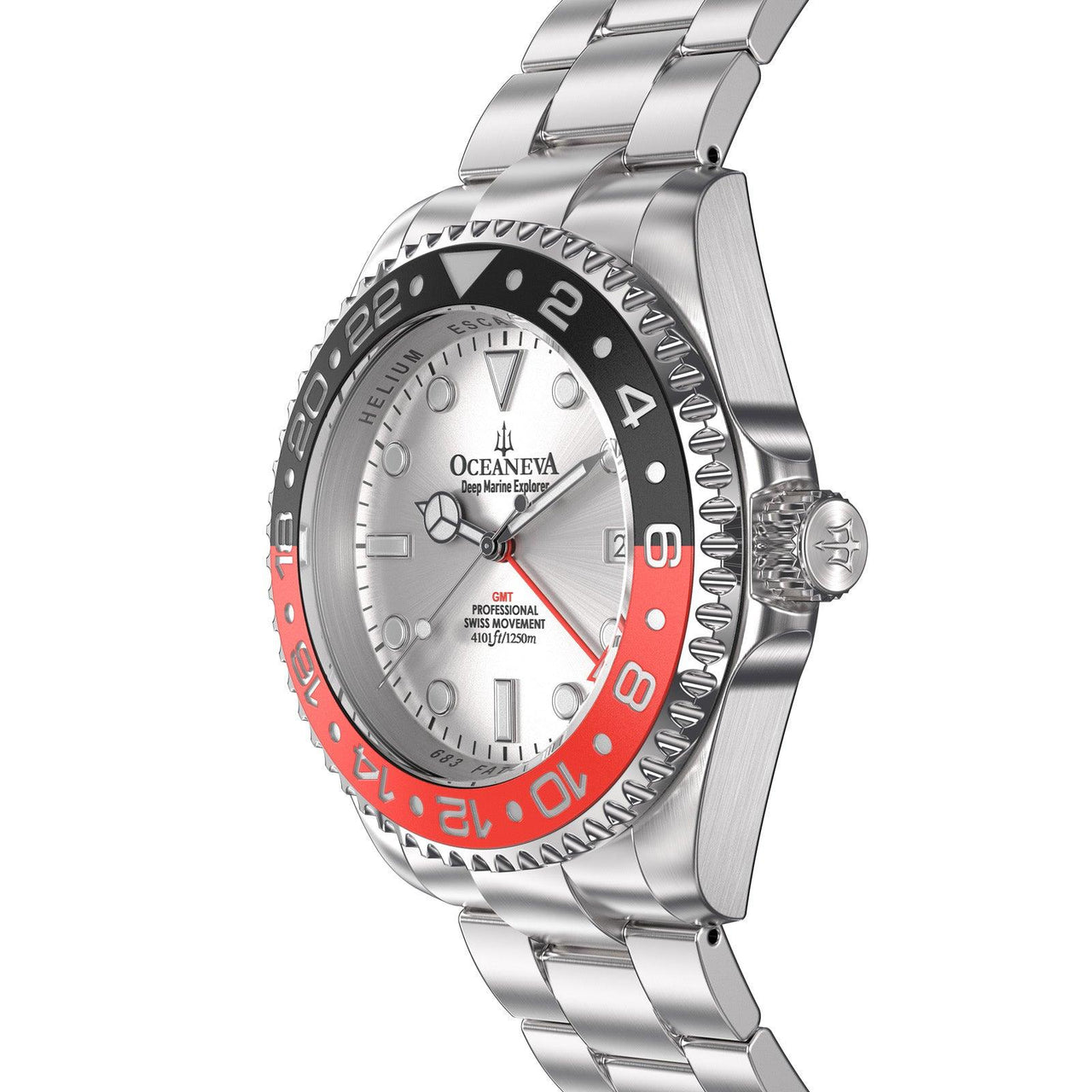 Oceaneva 1250M GMT Dive Watch Silver Red And Black Side View Crown