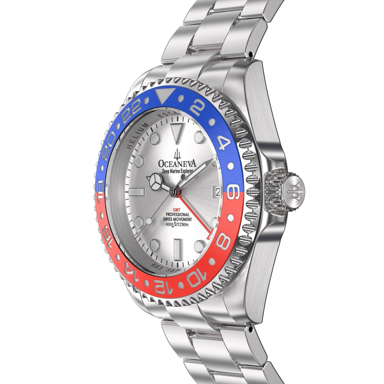 Oceaneva 1250M GMT Dive Watch Silver Blue And Red Side View Crown