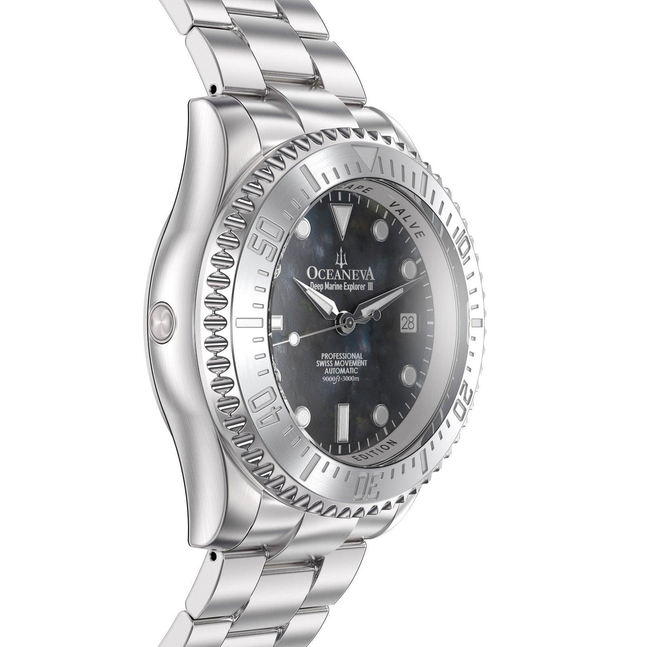 Oceaneva 3000M Dive Watch Gun Metal Gray Mother of Pearl Stainless Side Helium Escape Valve View