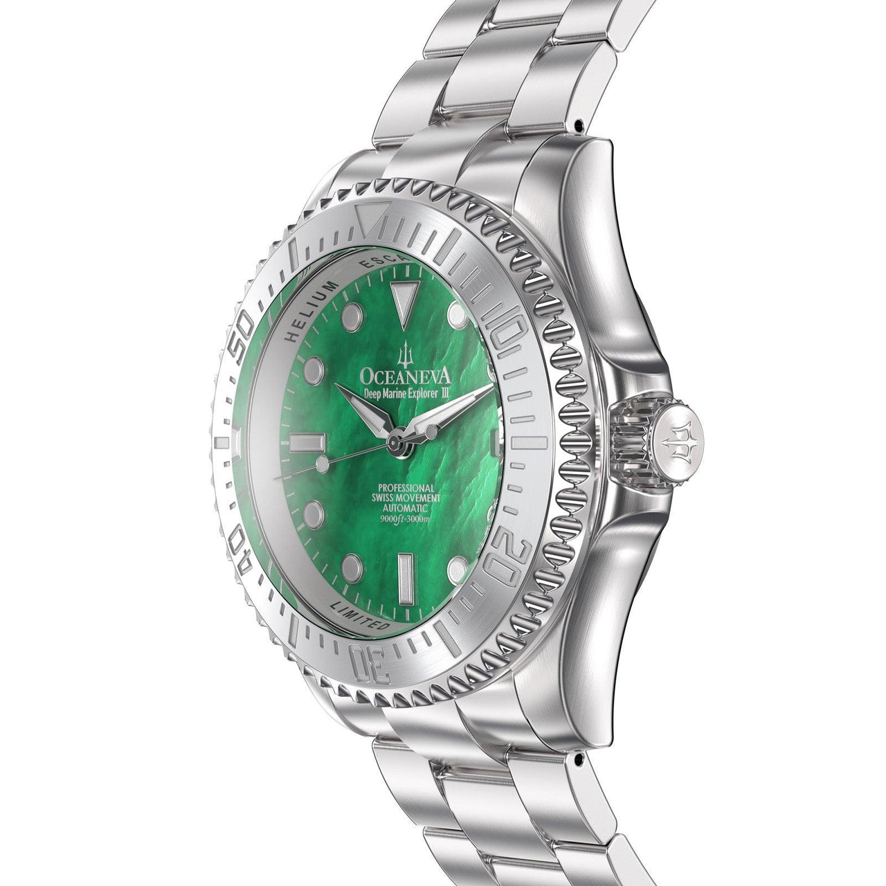 Oceaneva 3000M Dive Watch Green Mother of Pearl Stainless Side View Crown 