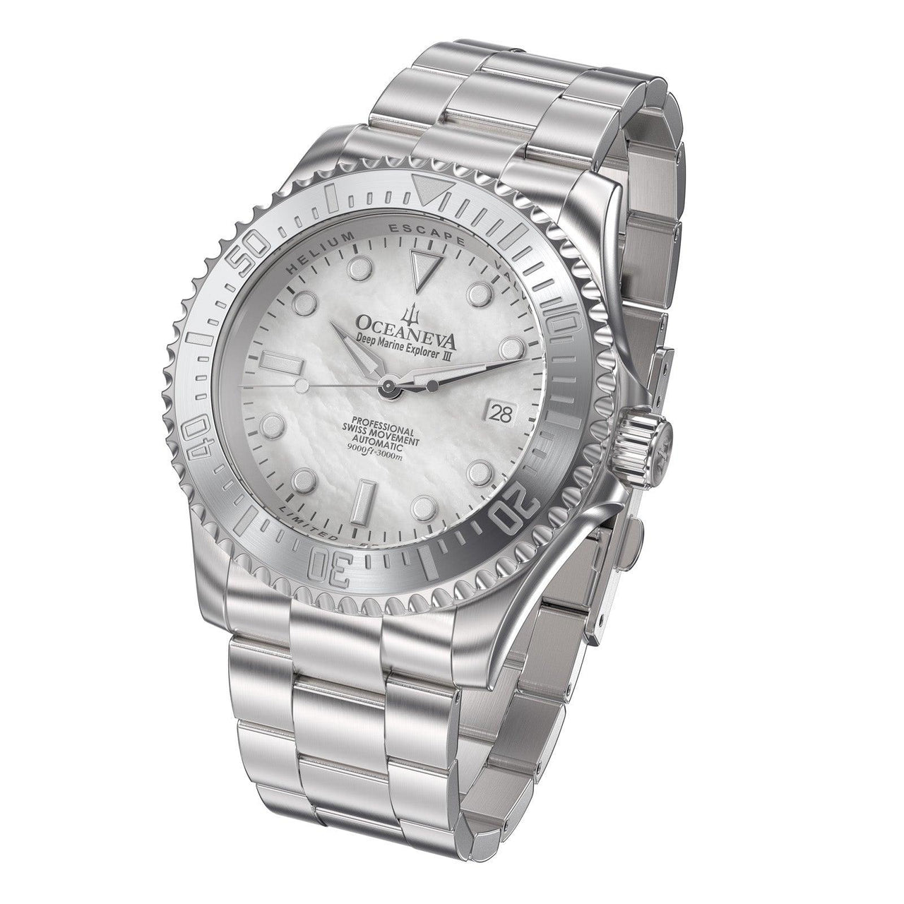 Oceaneva 3000M Dive Watch White Mother of Pearl Stainless Front Picture Slight Left Slant View