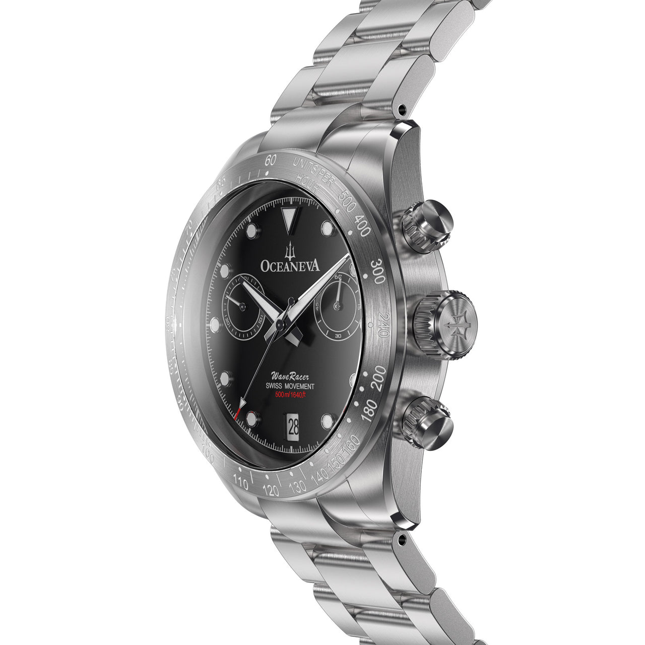 Oceaneva Black And Stainless Chronograph Watch Side View Crown
