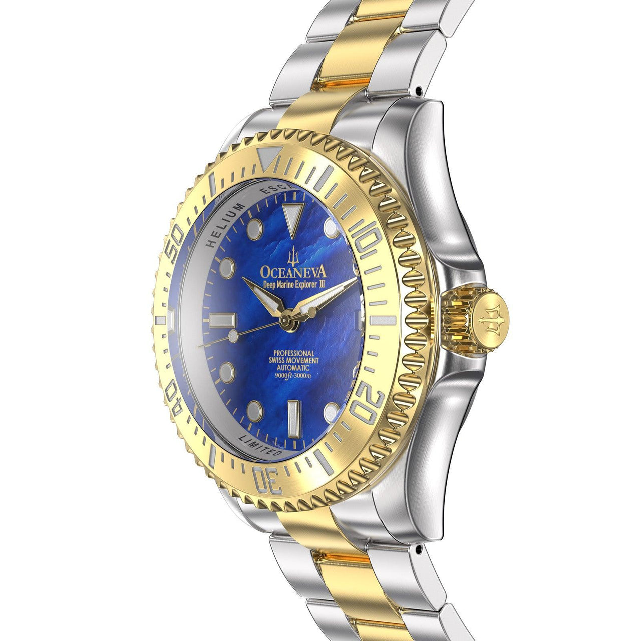 Oceaneva 3000M Dive Watch Blue Mother of Pearl and Gold Side View Crown 