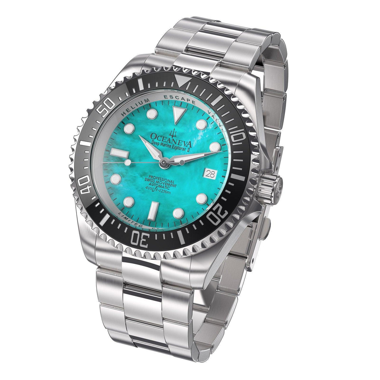 Oceaneva Men's Deep Marine Explorer II 1250M Pro Diver Watch Aquamarine Mother of Pearl Dial - BKII200AQMOPST 1000M, 1250M diver, 316L Stainless Steel Watch, Automatic Watch, Ceramic Bezel, Dive Watch